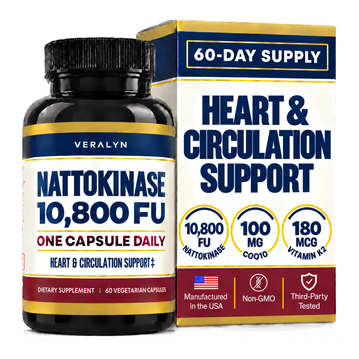 Veralyn Nattokinase 10,800 FU bottle and carton — 60 vegetarian capsules, 60-day supply