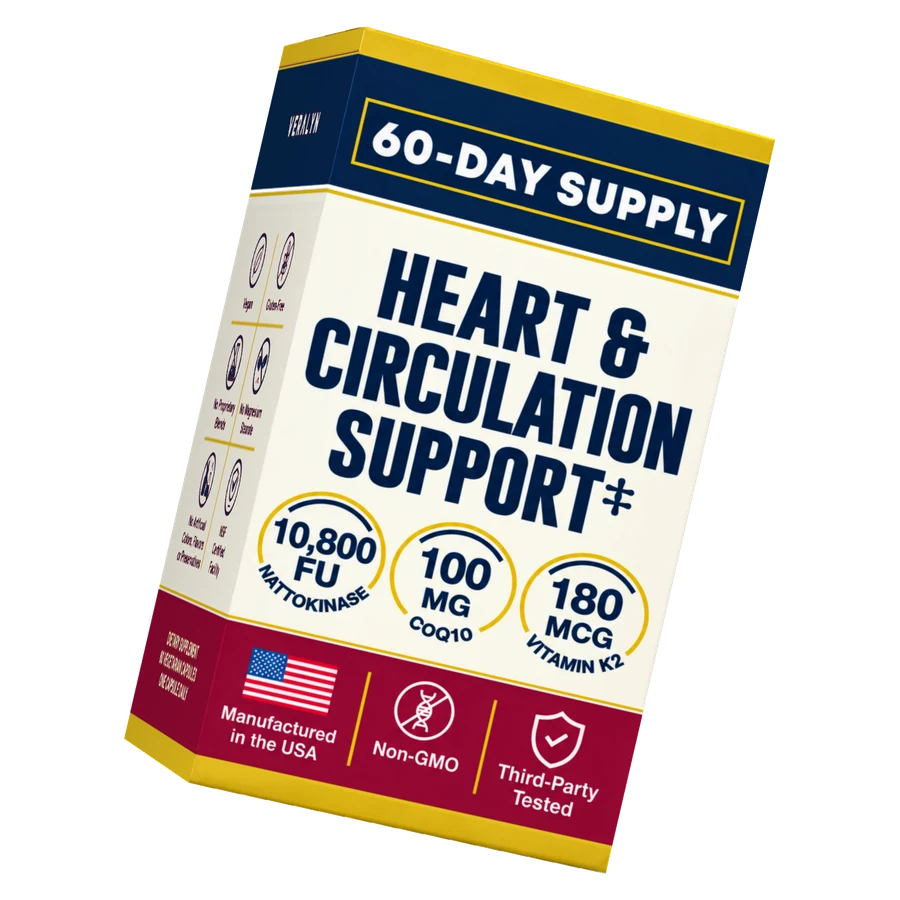 Veralyn carton at an angle — 60-day supply, heart and circulation support, and the three ingredient amounts